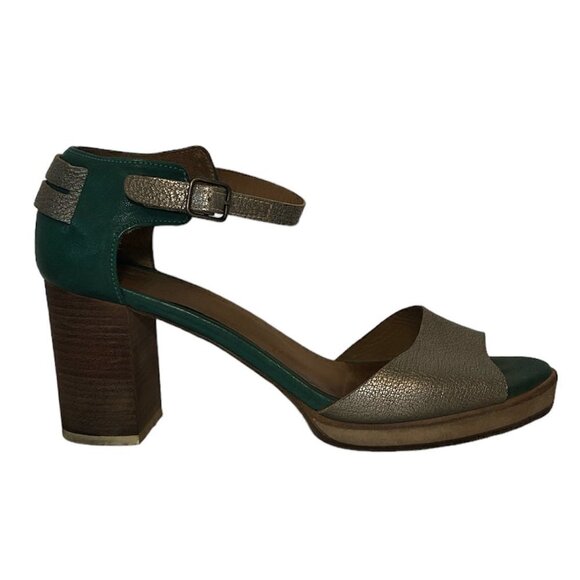 KUPURI Heels Women's Size US7.5 Green Silver Anthropologie Peep Toe Slingback - Picture 14 of 14